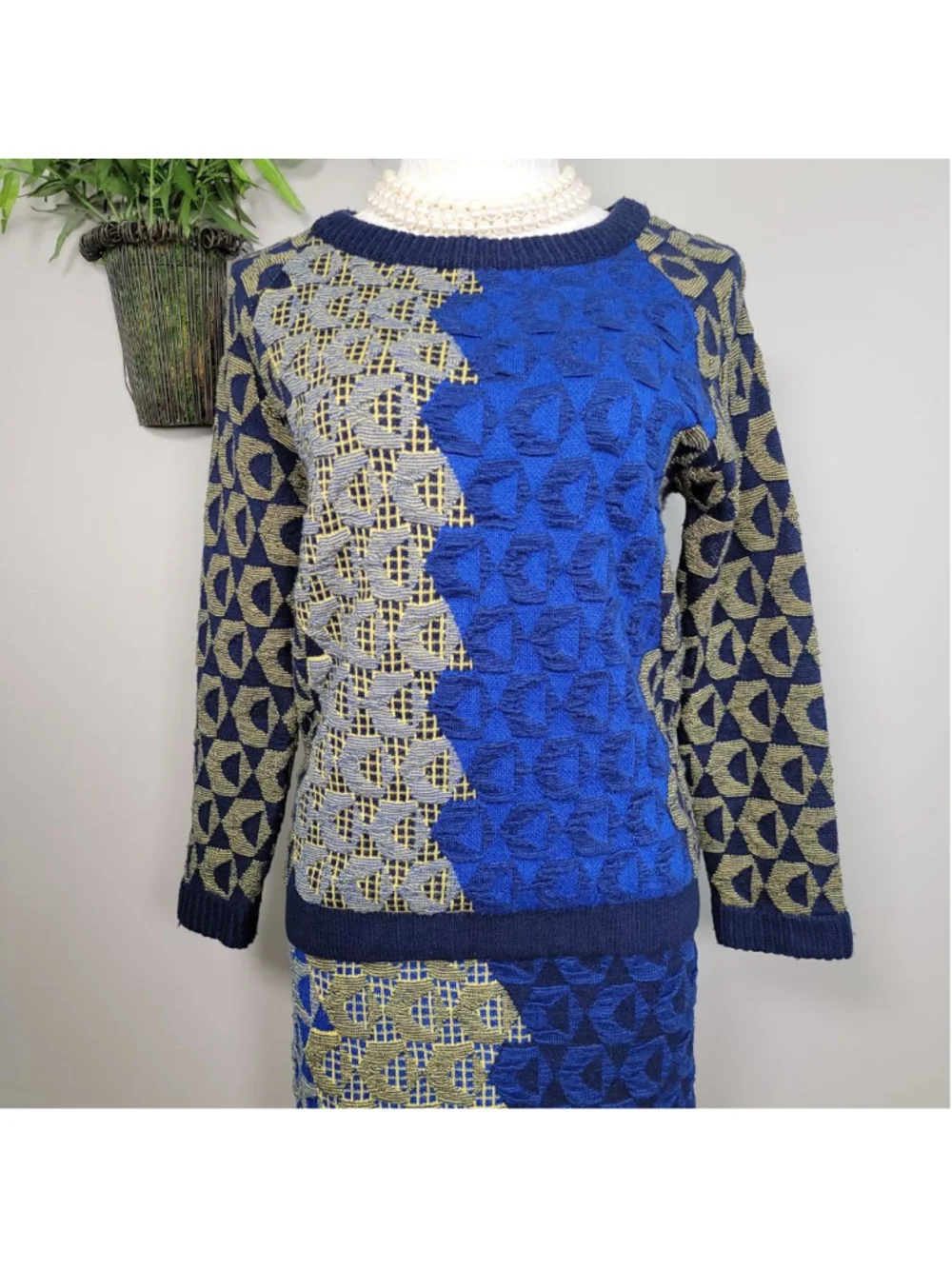 Kerisma Knit Crew Neck Sweater Pencil Midi Skirt Matching Set Blue Geometric S